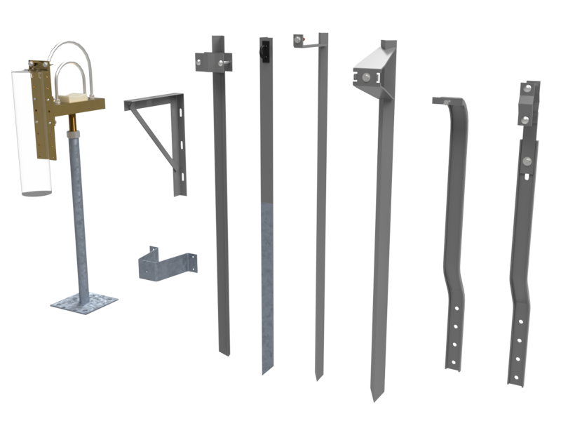 image with a collection of brackets & stakes for supporting metersets and piping with various attachment options - bolt to foundation, pound stake, bolt down bracket, etc.