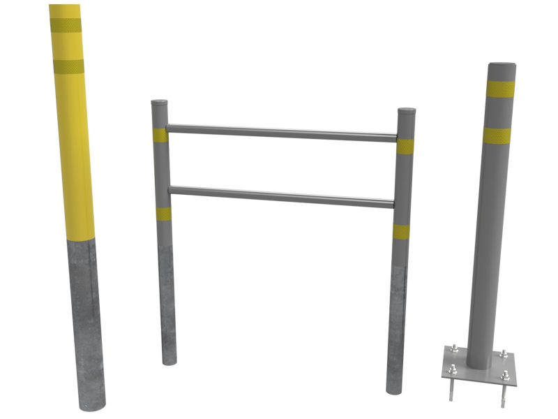 image of a bollard for setting in concrete with reflective tape, a guard rail with two cross members and reflective tape, and a bolt down bollard with reflective tape, a cap, and concrete anchors for mounting