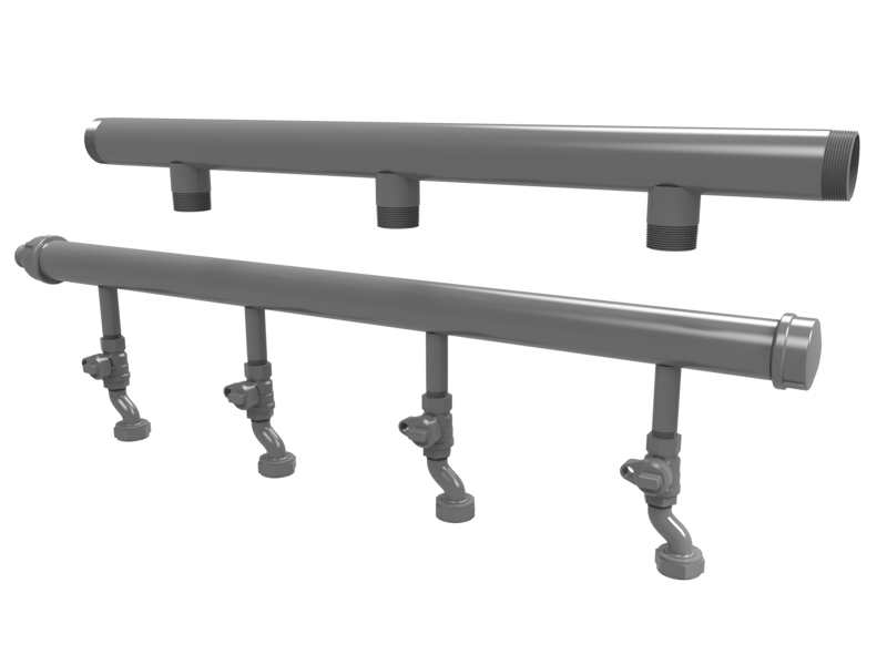 image of two multi-meter natural gas manifolds - one bare manifold with three outlets and one that includes a cast iron bell reducer, cast iron cap, brass ball valves, cast iron meter swivels (#1 sprague) and cast iron swivel nuts - all part powder coated gray